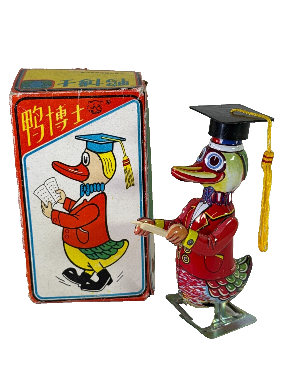 Vintage Dr. Duck Wind-Up Tin Toy Scholar Red Coat Graduation Cap Works 6" Rare