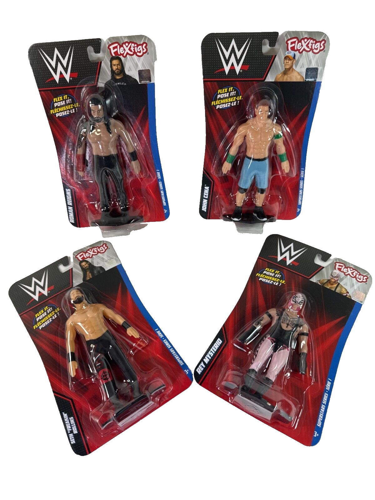 WWE FleXfigs Complete Set of 4 Cena Reigns Rollins Mysterio Mattel New HTF