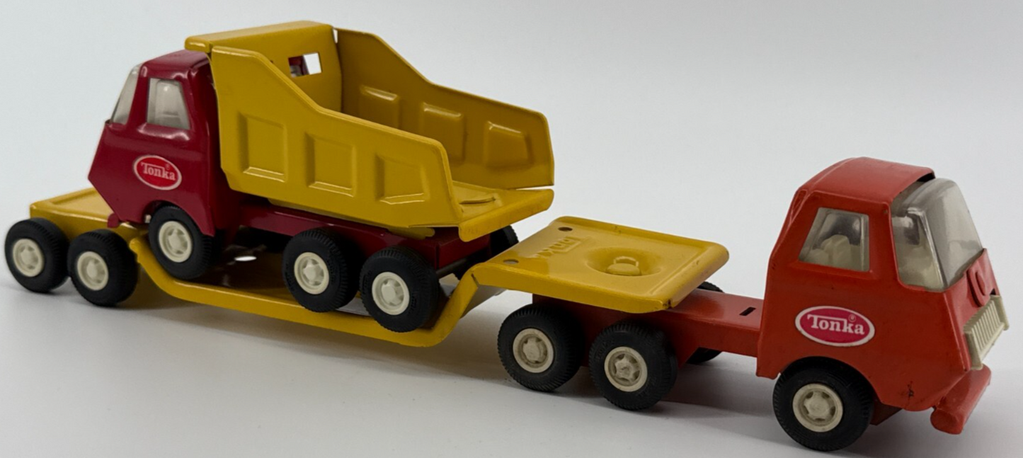 VTG 1970s Tonka Lowboy Flatbed Hauler Truck Dump Trailer Yellow Red Diecast Stee