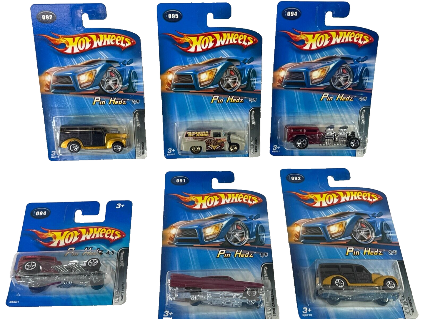 Hot Wheels Pin Hedz Series Lot 6 Cars Complete Set Blue Cards w/ β59 Cadillac