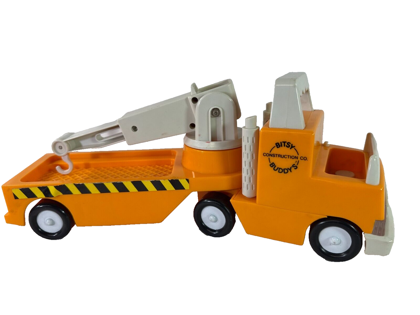 Vintage BITSY BUDDY Construction Co Tow Truck Orange Crane Hook Rolling Wheels