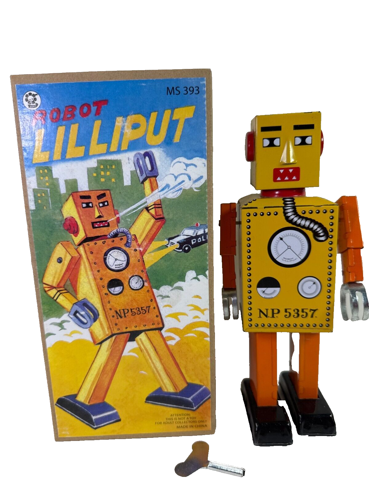 Schylling Lilliput Wind-Up Tin Robot NP5357 Yellow Retro Toy w/ Key & Box