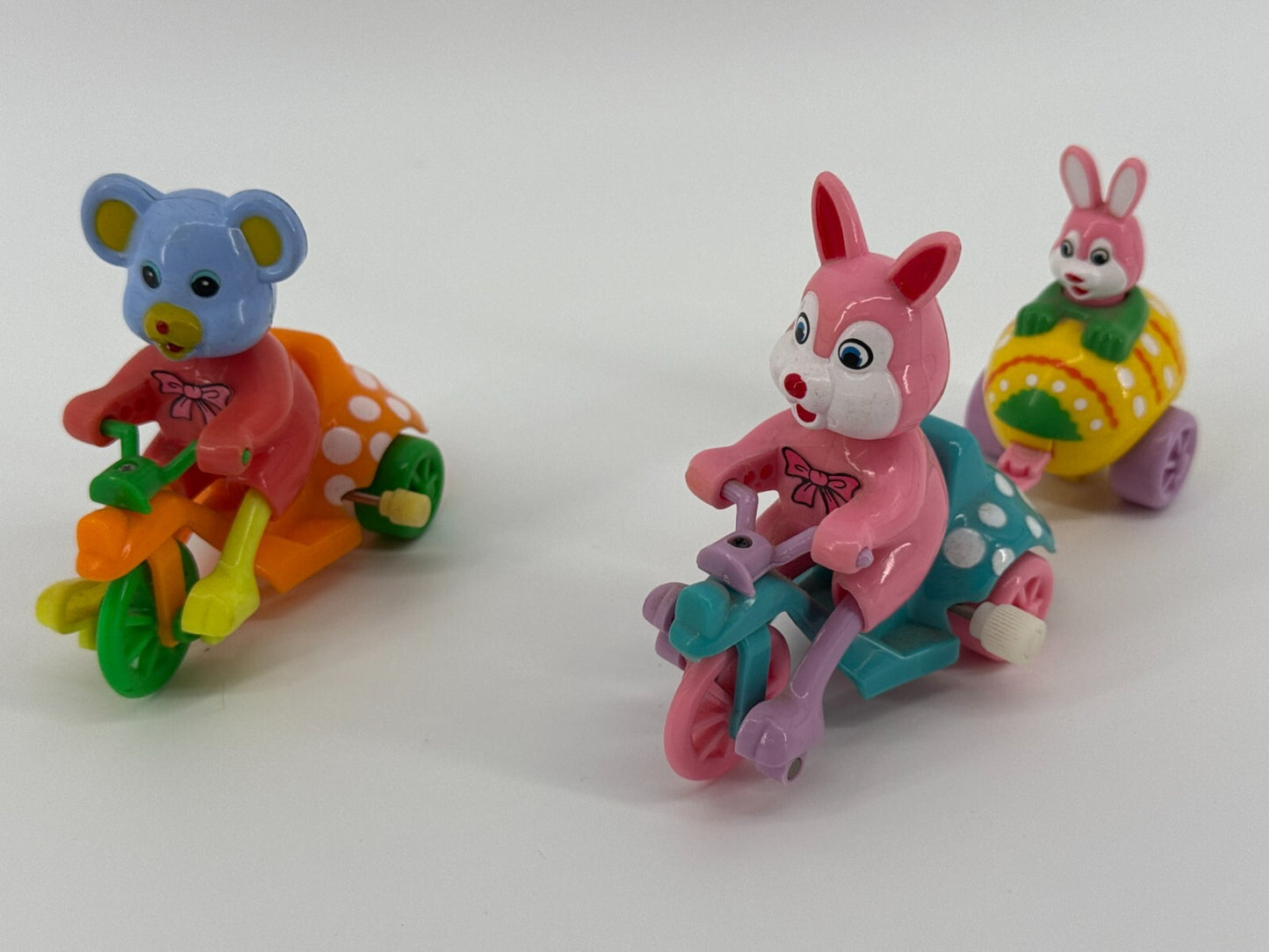Vintage Wind-Up Trike Toys Lot Bunny Bear Sidecar Easter Pastel 90s Cute Set 3
