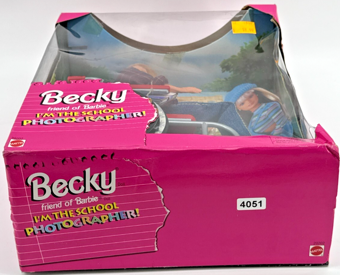 1998 Mattel Becky Barbie Friend School Photographer Doll in Wheelchair NRFB