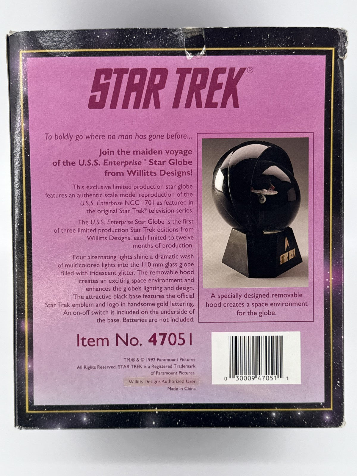 1992 Hallmark Star Trek USS Enterprise NCC-1701 Lighted Star Globe Vintage