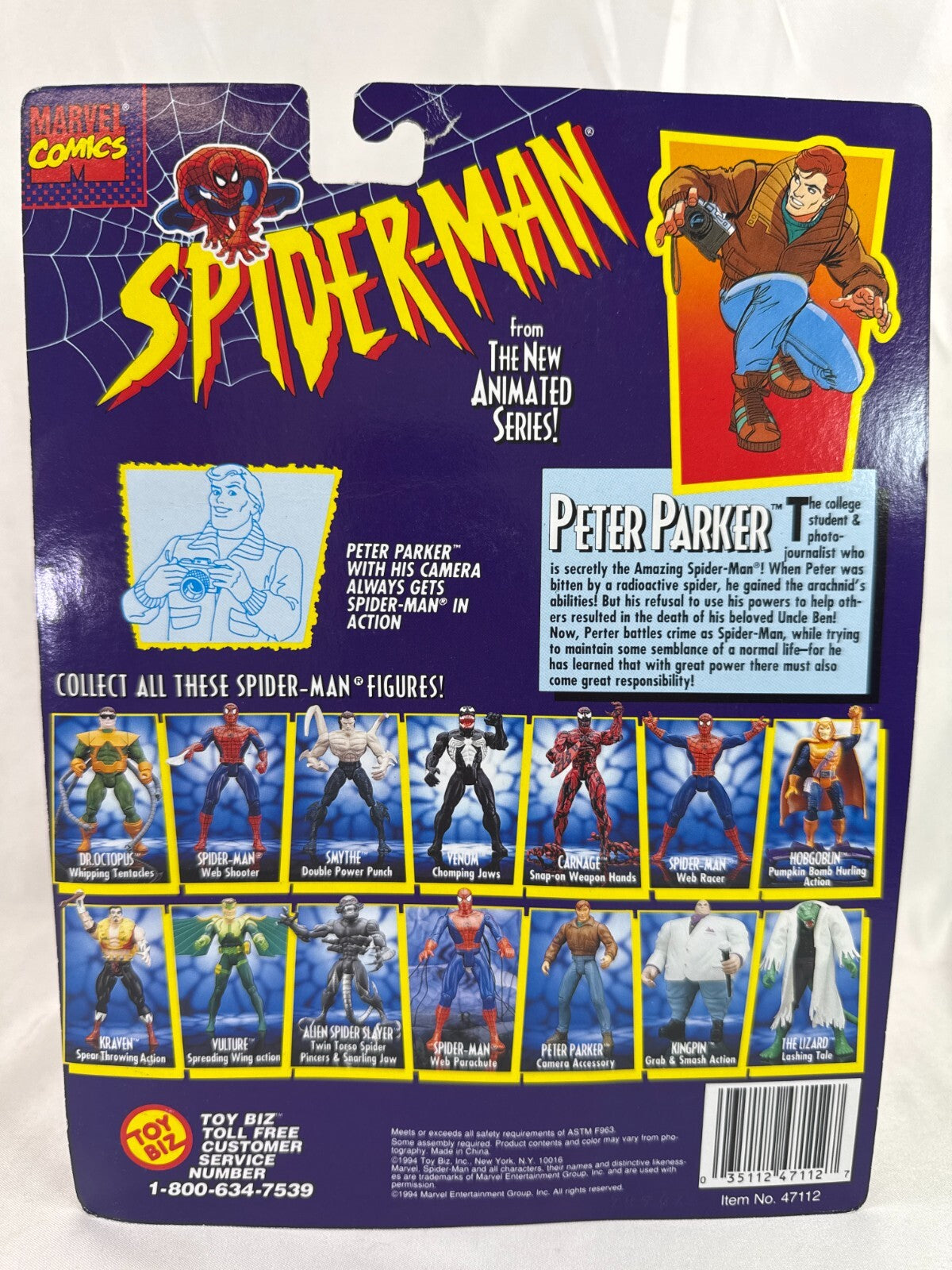 1994 ToyBiz Spider-Man Animated Peter Parker Action Figure w/ Camera MOC 2698