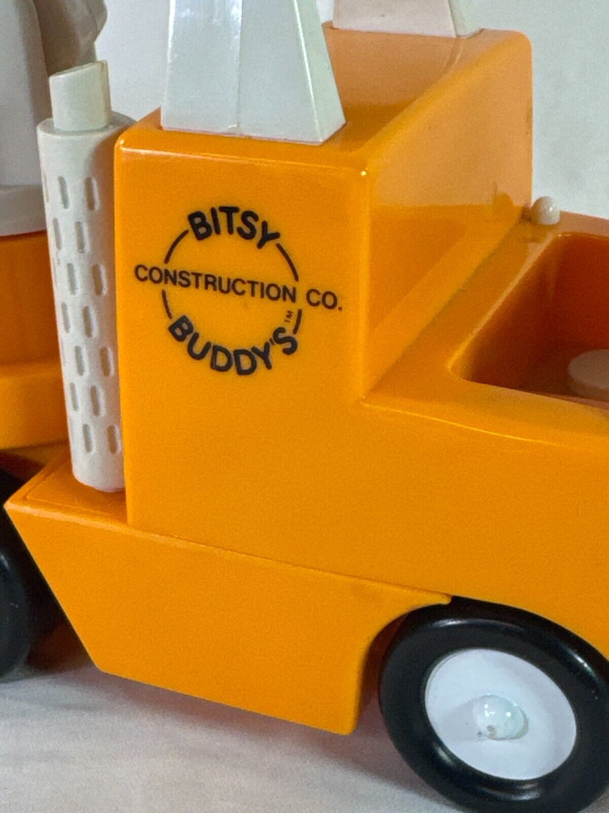 Vintage BITSY BUDDY Construction Co Tow Truck Orange Crane Hook Rolling Wheels