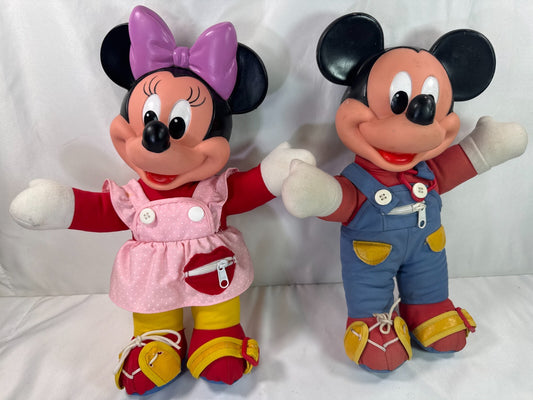 Mattel 1989 Mickey Minnie Learn to Dress Me Dolls 15" Plush Set Rubber Face Vtg