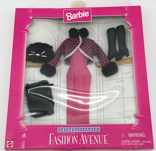 1996 Barbie Fashion Avenue Winter Outfit Pink Dress Fur Trim Coat Boots NRFB