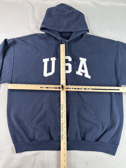 GILDAN USA Sports Hoodie XL Navy Polyester Cotton Pullover Graphic Flag Print