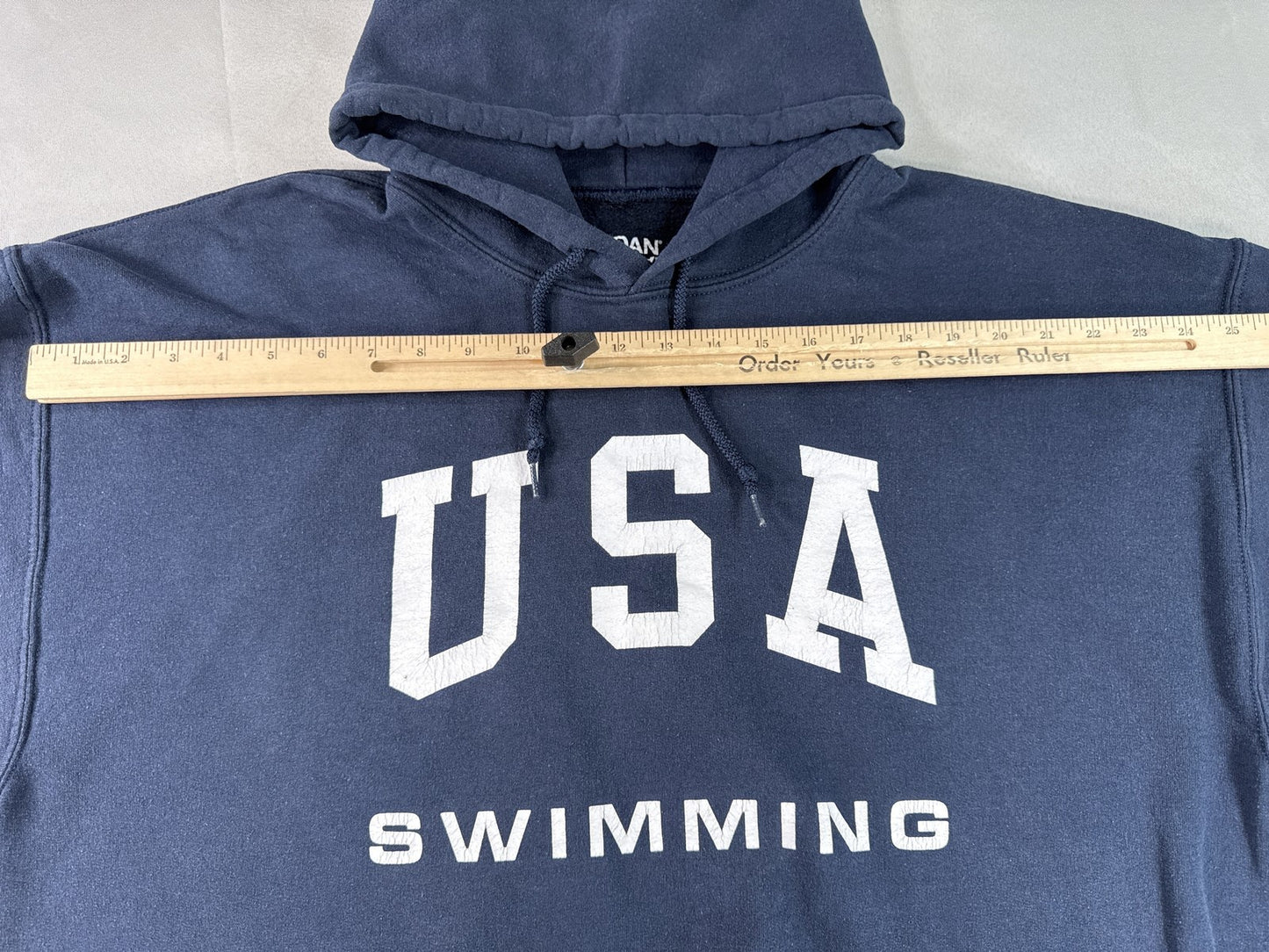 GILDAN USA Sports Hoodie XL Navy Polyester Cotton Pullover Graphic Flag Print