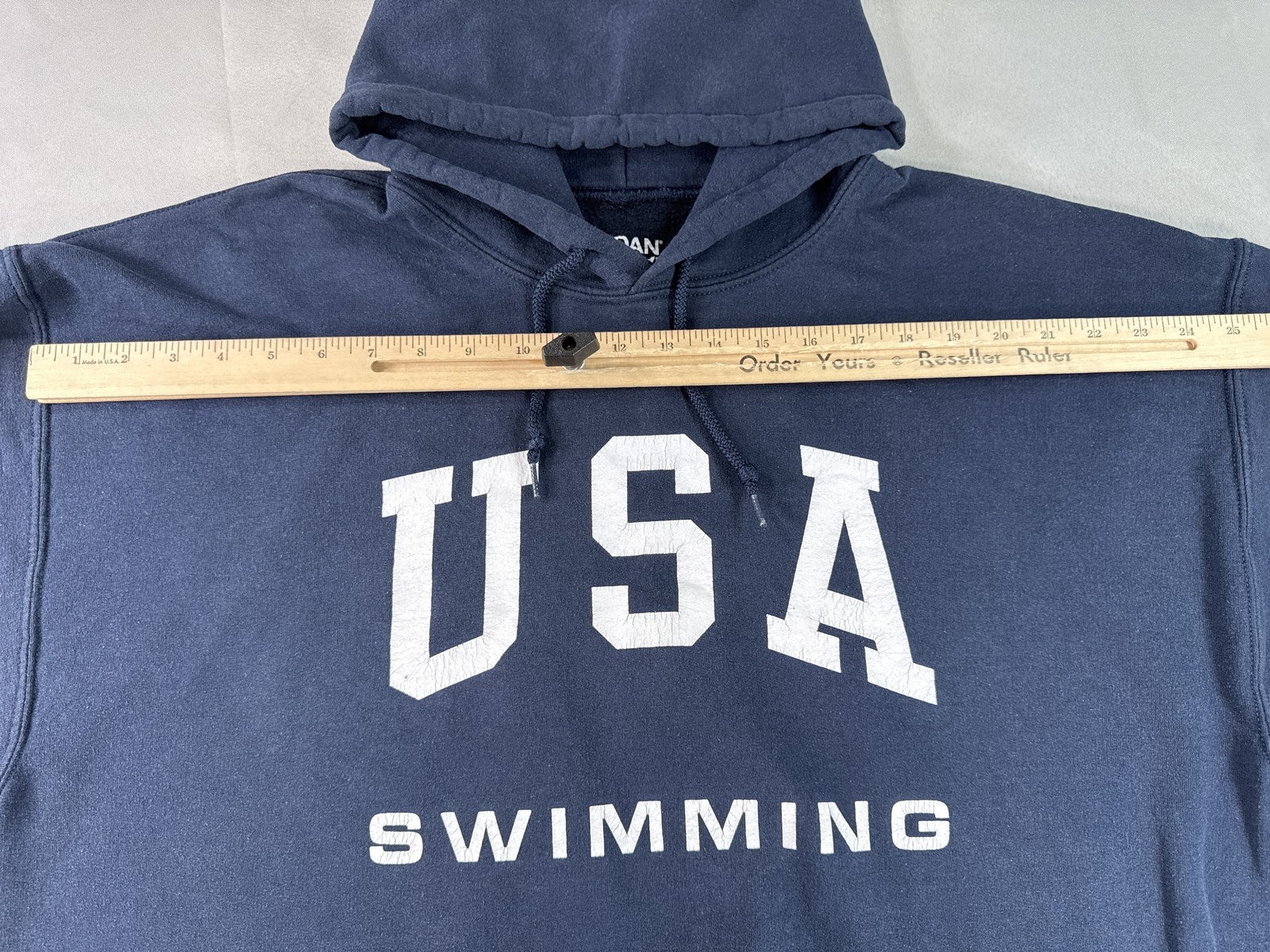 GILDAN USA Sports Hoodie XL Navy Polyester Cotton Pullover Graphic Flag Print