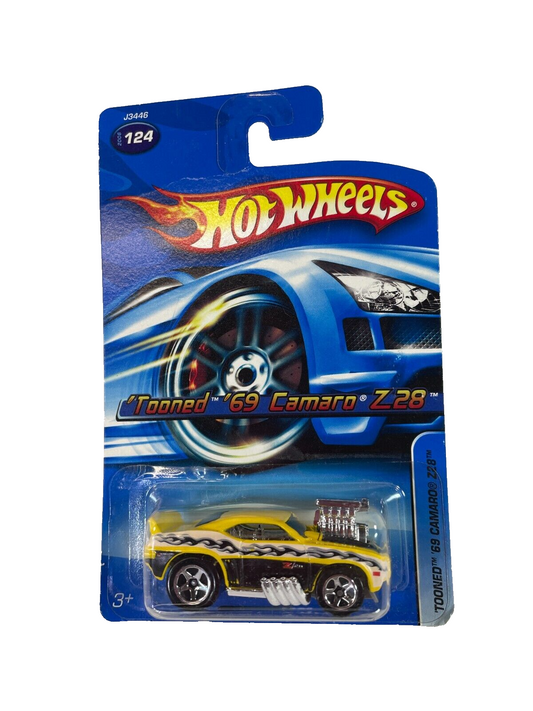 Hot Wheels Tooned '69 Camaro Z28 Yellow Black Racing Flames Diecast Car
