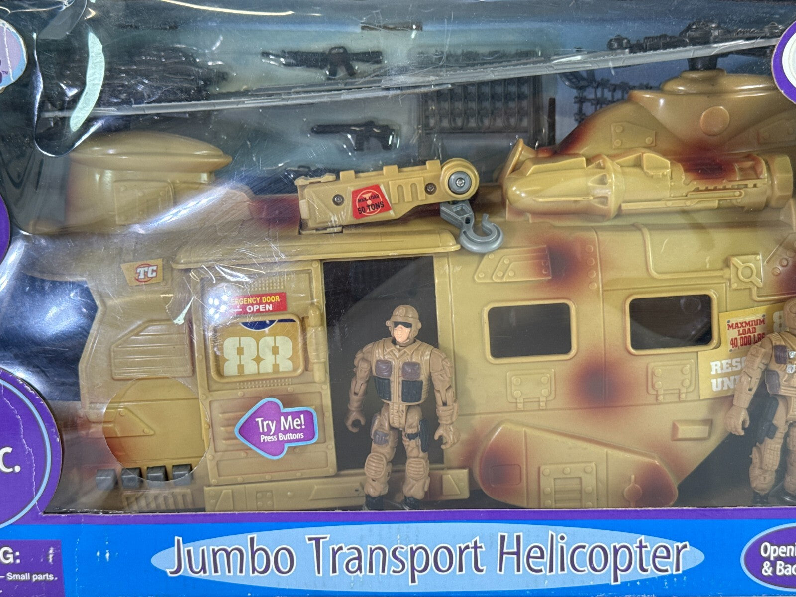 Just Kidz Jumbo Transport Helicopter Playset 19pc Lights Sounds Action Figs MIB