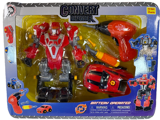 Convert Defender 3-in-1 Red Robot Car Truck Toy w/ Power Drill Lights NIB