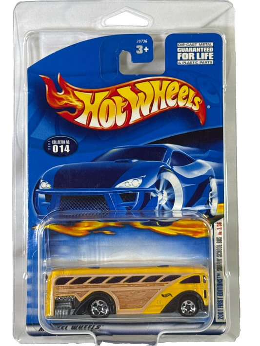 🌊 Hot Wheels 2001 First Editions Surfin’ School Bus #014 Yellow Woodie Style MI