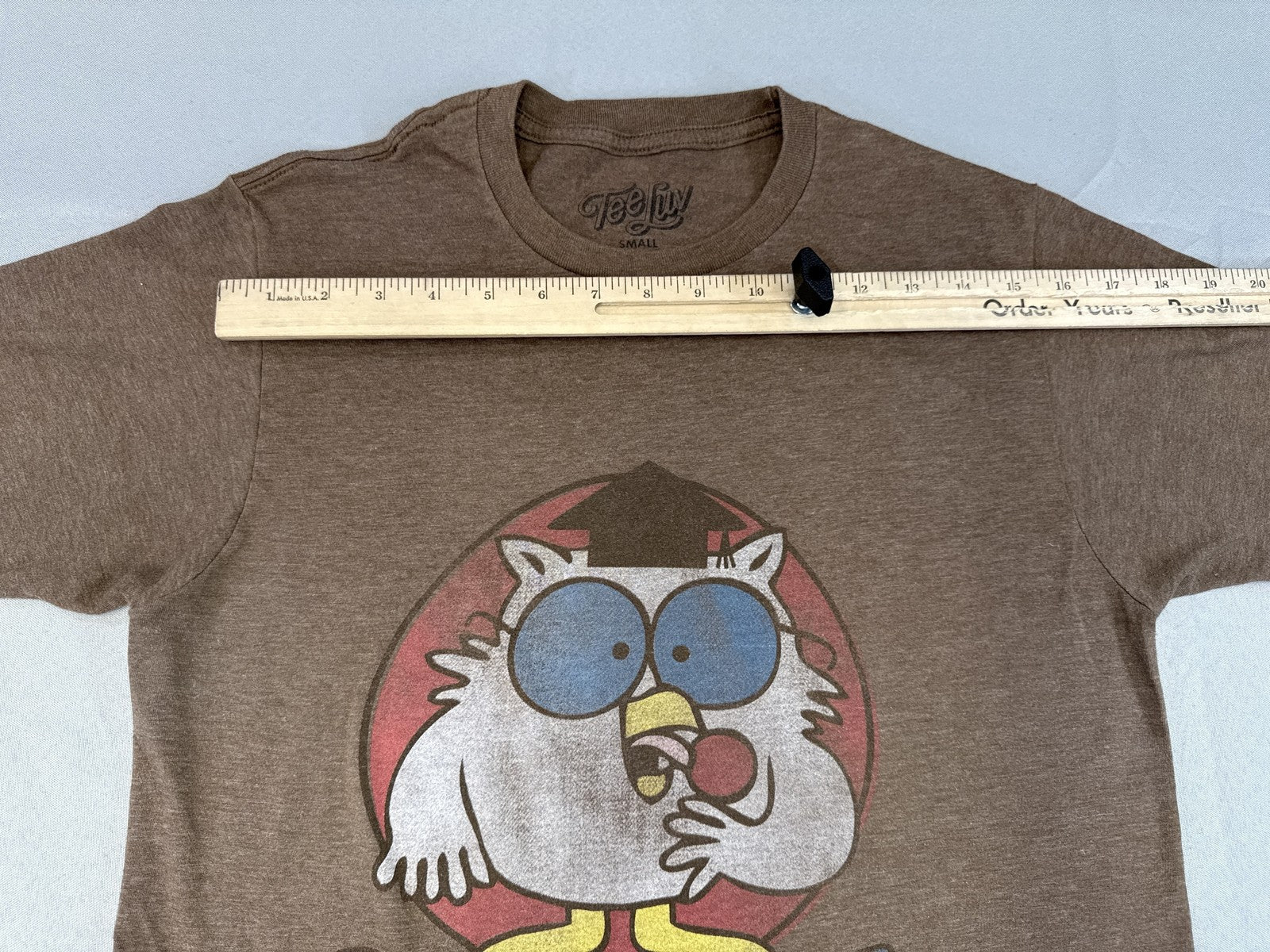 Tee Luv Mr. Owl Cartoon Graphic Small Brown Vintage Polyester Cotton