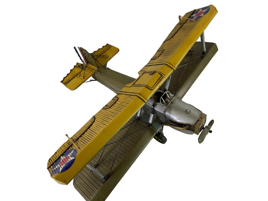 Vintage Yellow Biplane Metal Model 21" Wingspan Tabletop Decor Collectible