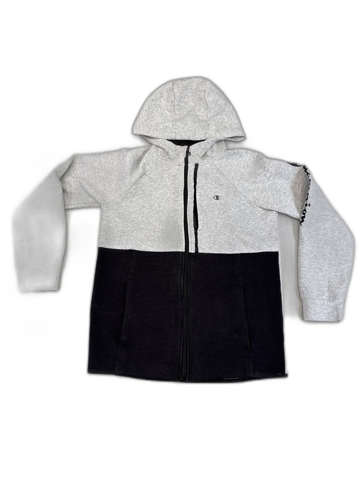 Champion Zip Hoodie L (14/16) Gray/Black Cotton Blend Regular Fit All Over