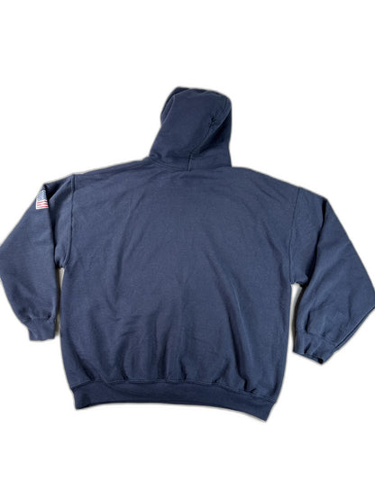 GILDAN USA Sports Hoodie XL Navy Polyester Cotton Pullover Graphic Flag Print