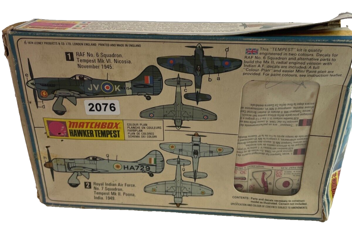 1974 MATCHBOX Hawker Tempest MK.V 1/72 Model Kit PK-23 Open Box Complete 2076