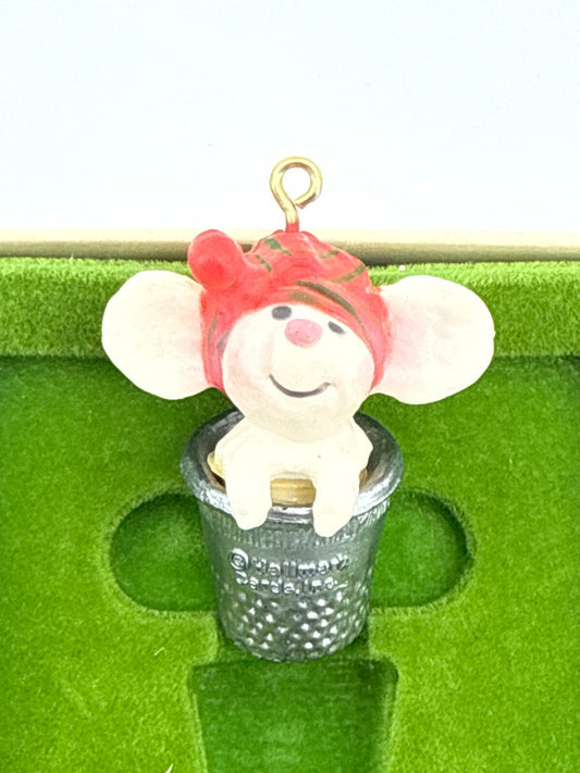 Vintage Hallmark Mouse in Silver Thimble Ornament 1980s Boxed Hong Kong Cute