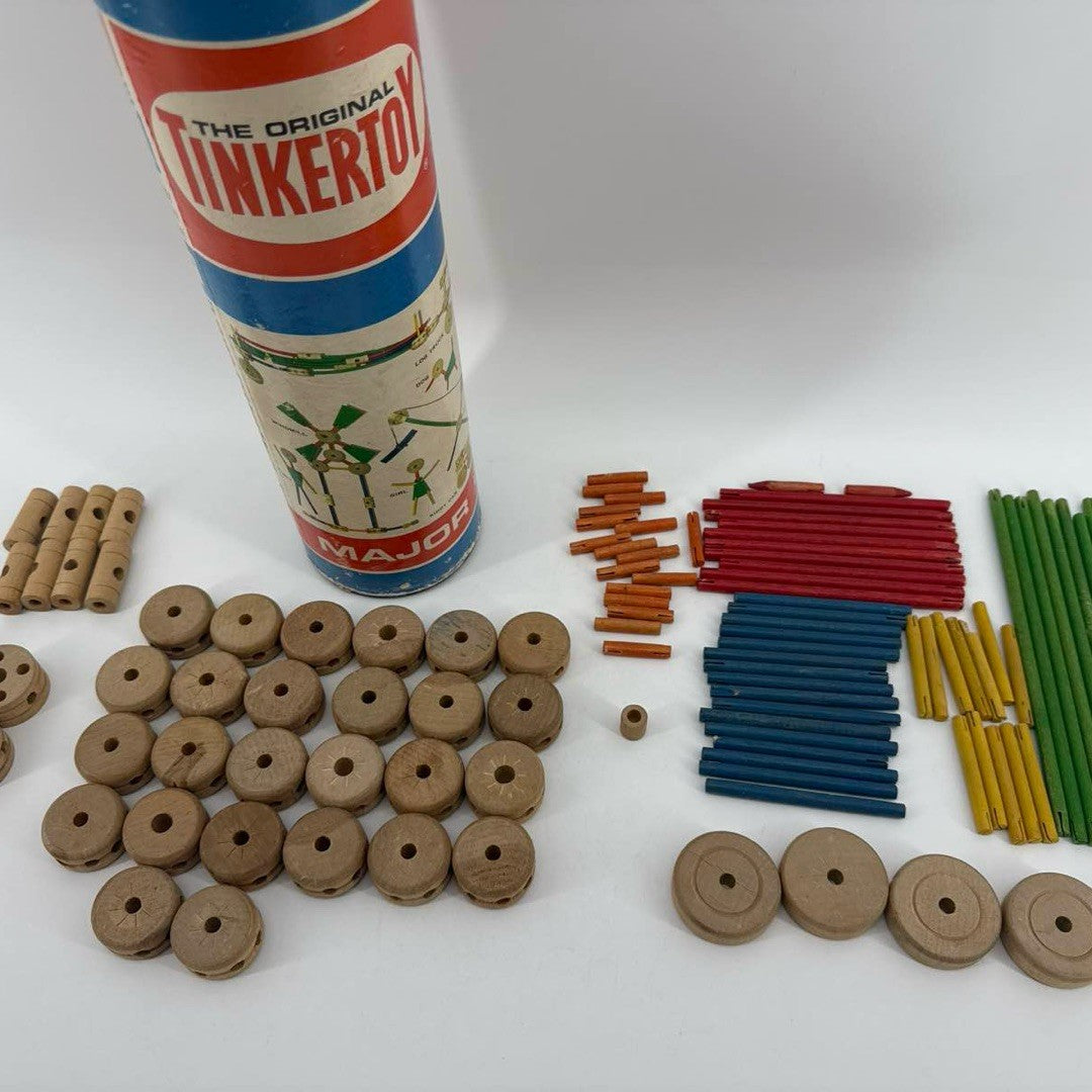 Tinkertoy Major 136 Wood Rods Spools Wheels Toy Building