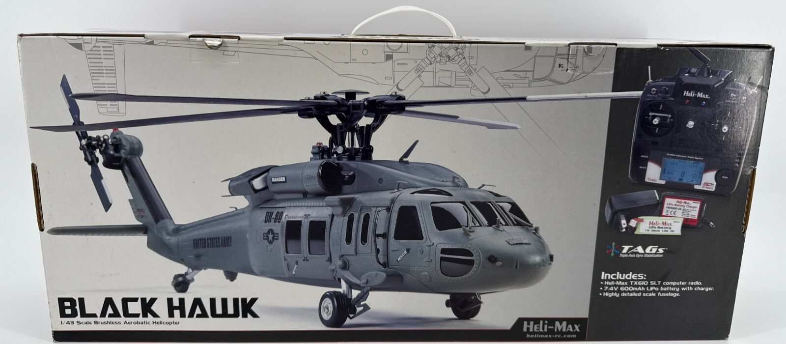 Heli-Max Black Hawk 1/43 RTF RC Helicopter TX610 LiPo 4 Blade Open Box NEW