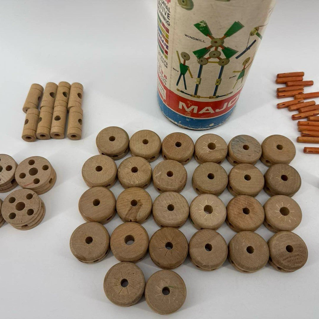 Tinkertoy Major 136 Wood Rods Spools Wheels Toy Building