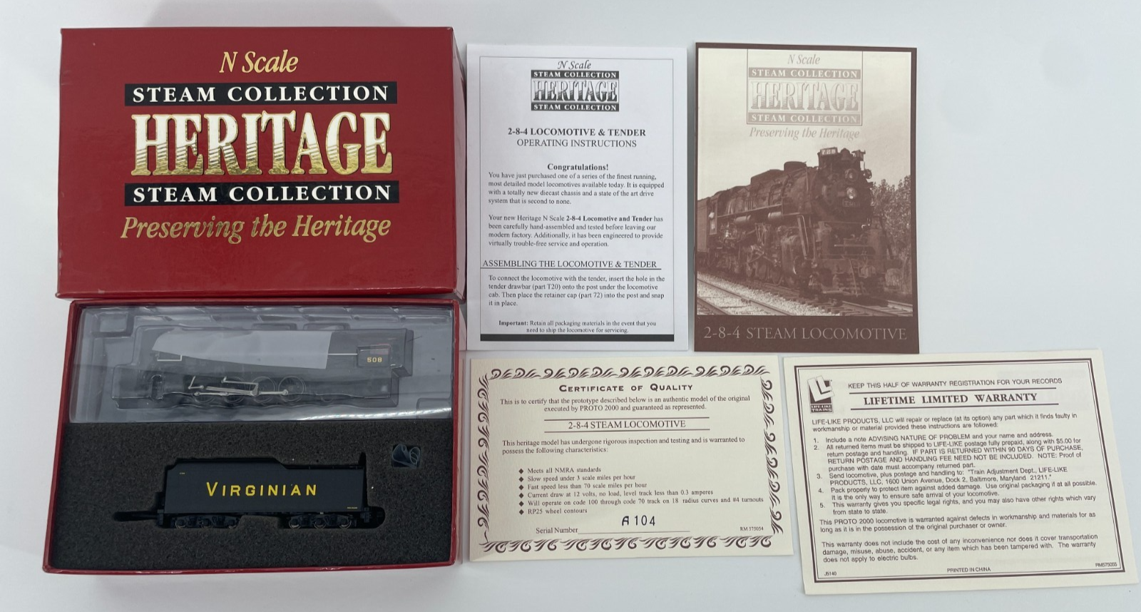 Walthers N Scale 2-8-4 Berkshire Steam Locomotive Virginian #508 w/COA 7878