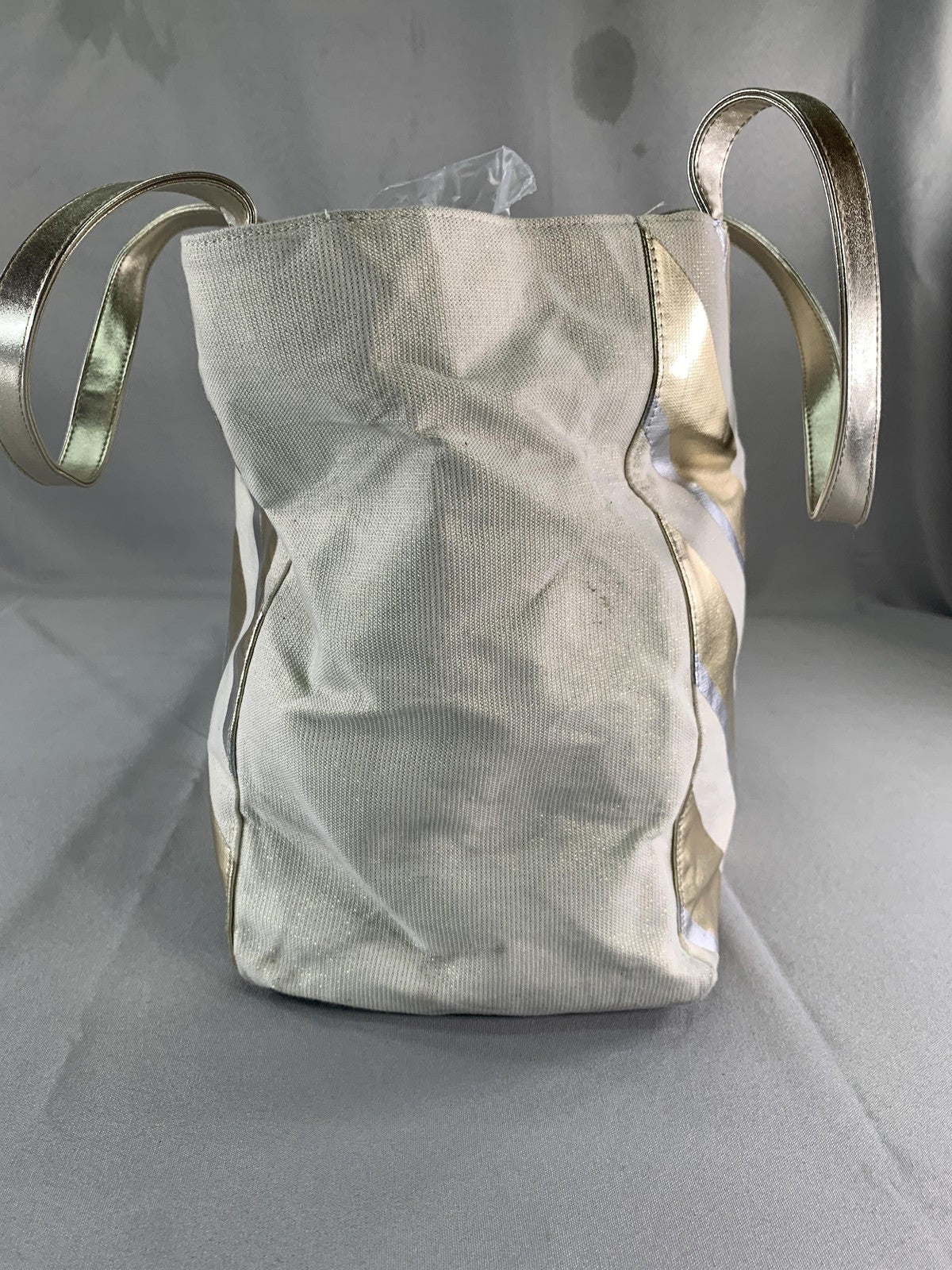 Victoria's Secret Tote Bag Gold Metallic Striped Canvas Shopper New Womens Large