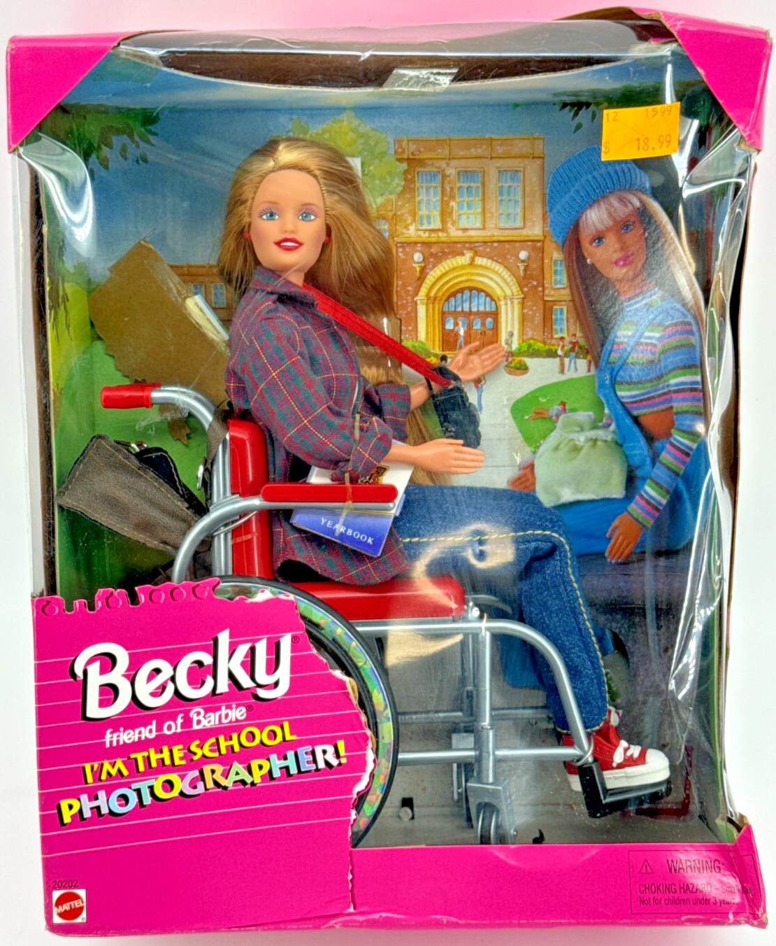1998 Mattel Becky Barbie Friend School Photographer Doll in Wheelchair NRFB