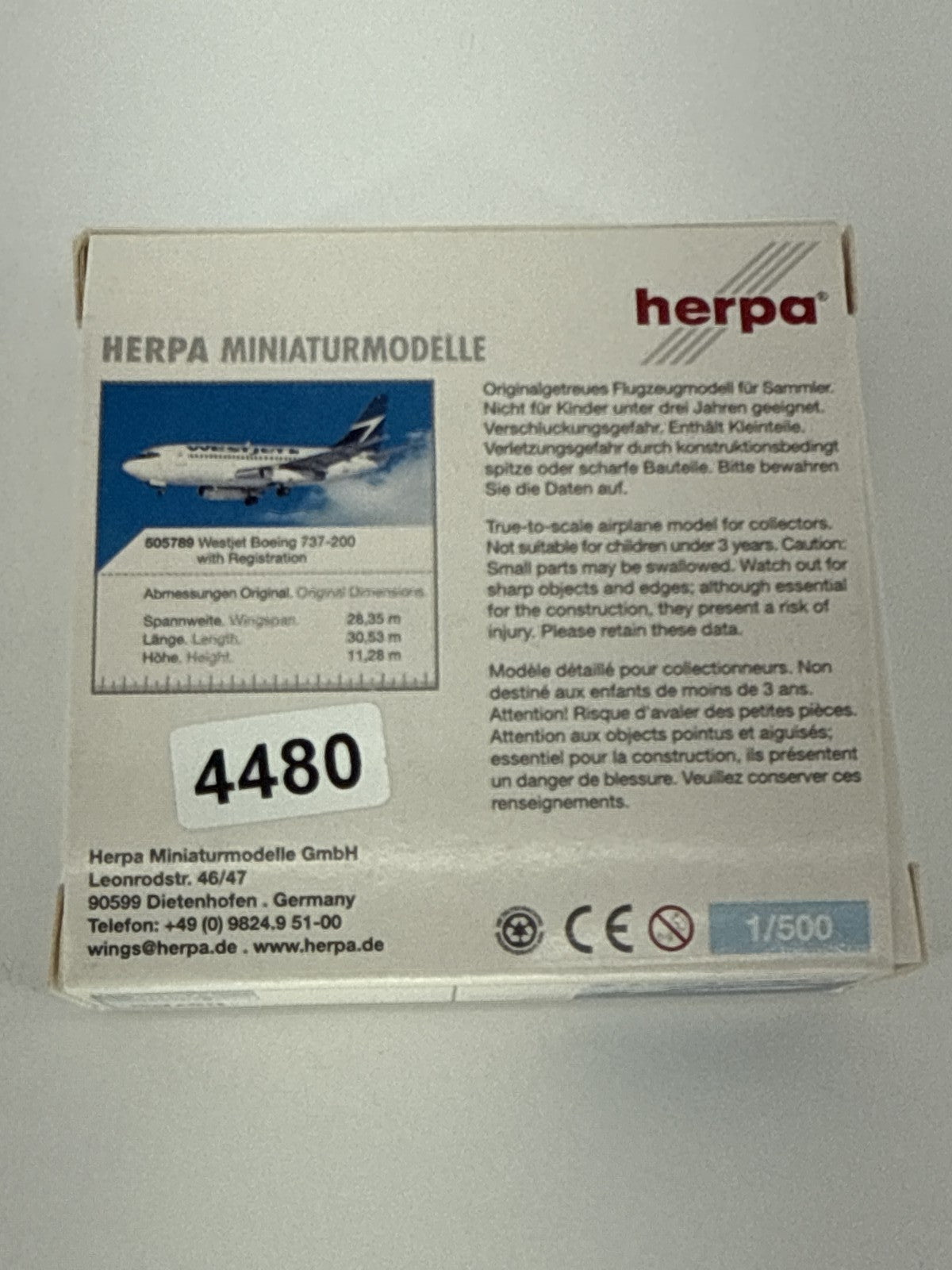 Herpa Wings WestJet Boeing 737-200 1:500 Diecast Model Airplane 505789