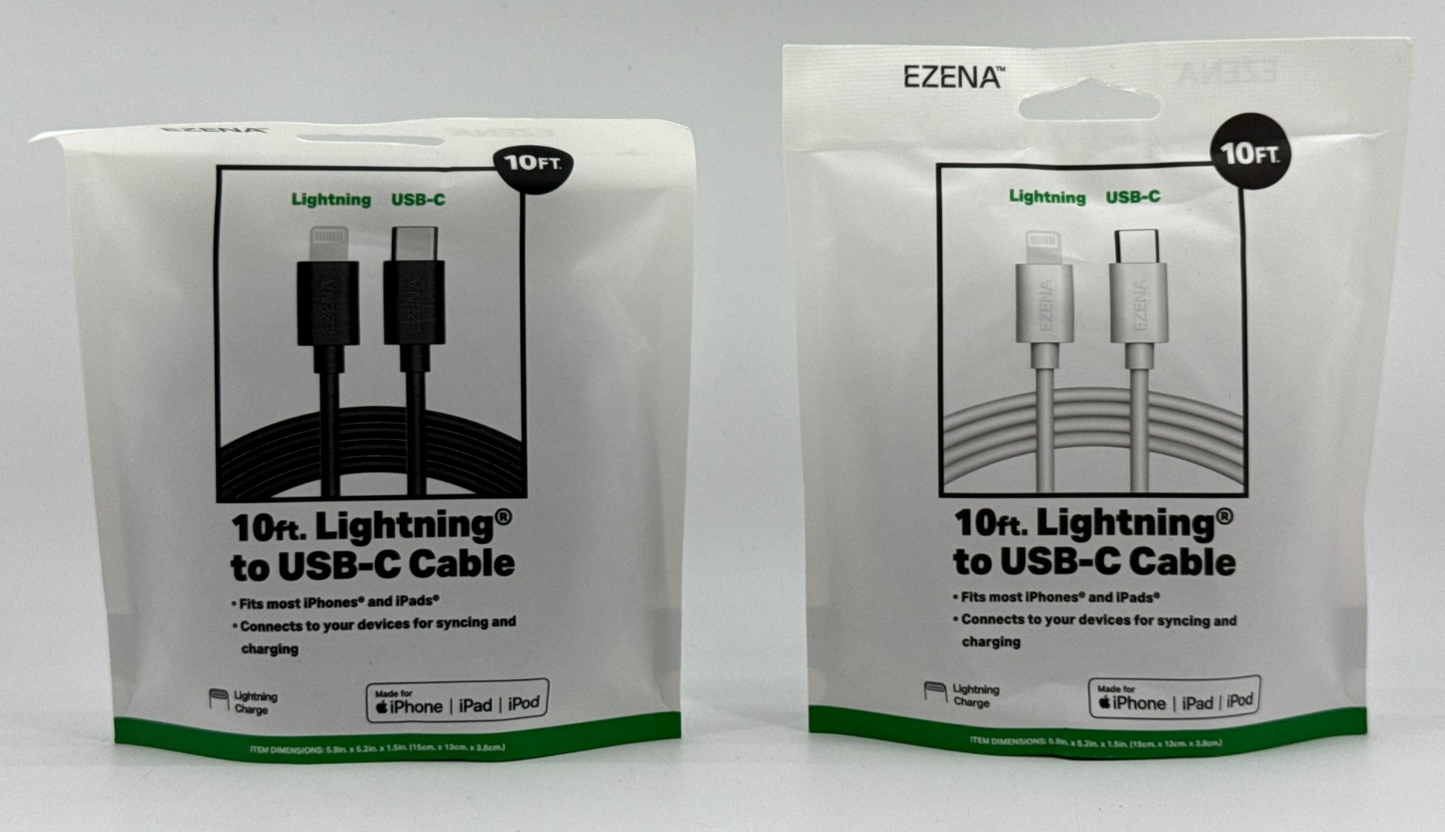 EZENA 10ft  legacy Cable to USB C  Lot of 2 Black White iPhone iPad Fast Charge