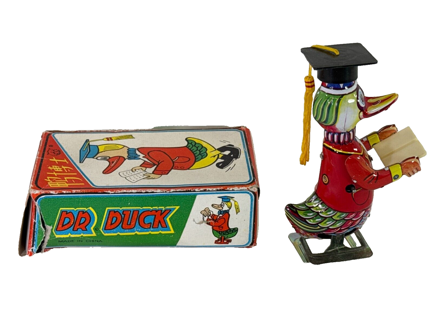 Vintage Dr. Duck Wind-Up Tin Toy Scholar Red Coat Graduation Cap Works 6" Rare