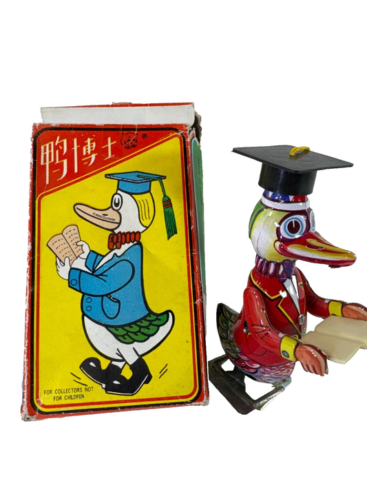 Vintage Dr. Duck Wind-Up Tin Toy Scholar Red Coat Graduation Cap Works 6" Rare