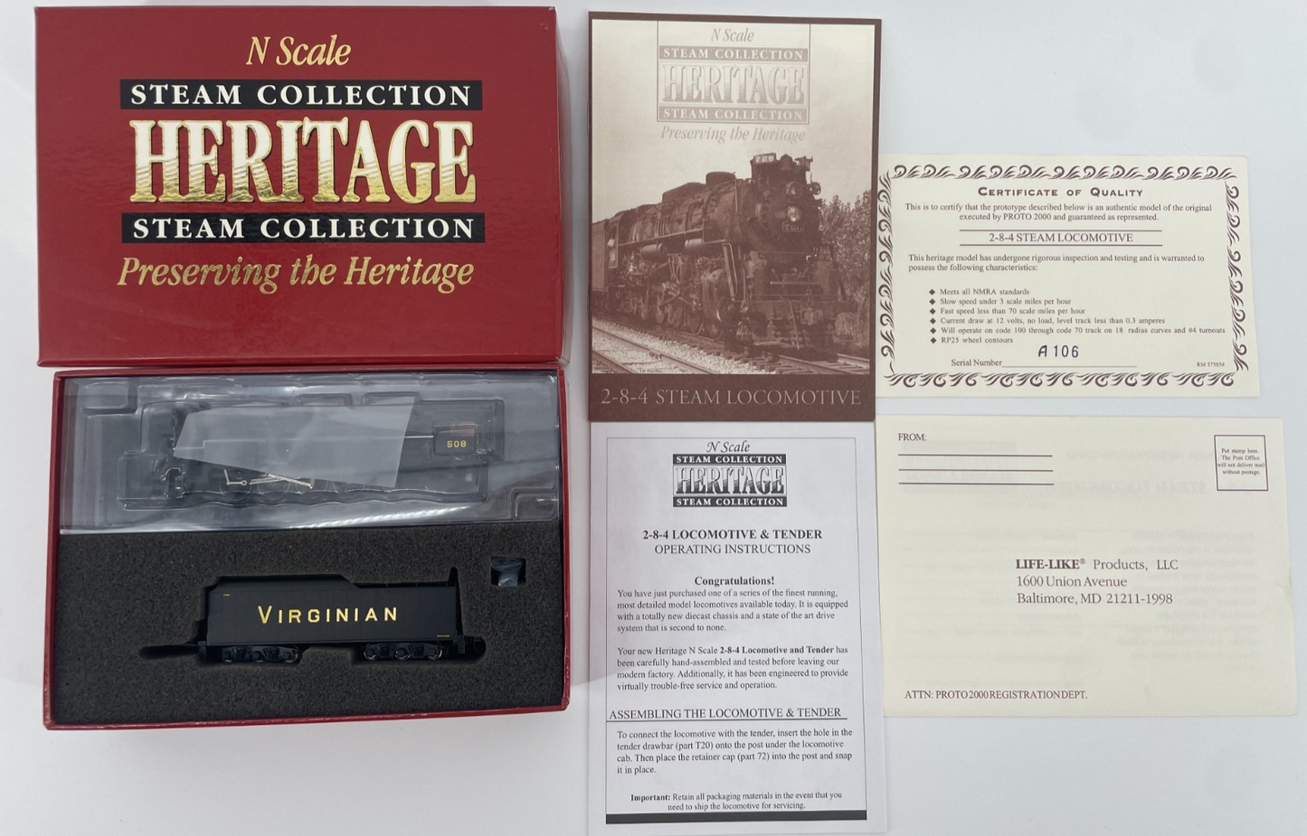 Walthers N Scale 2-8-4 Berkshire Steam Locomotive #508 Virginian w/COA