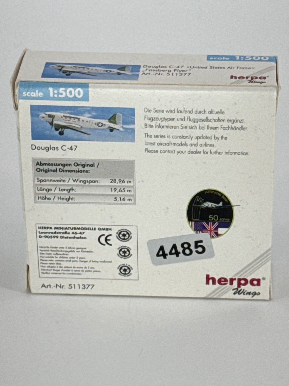 Herpa Wings Douglas C-47 Fassberg Flyer 1:500 Berlin Airlift USAF 511377