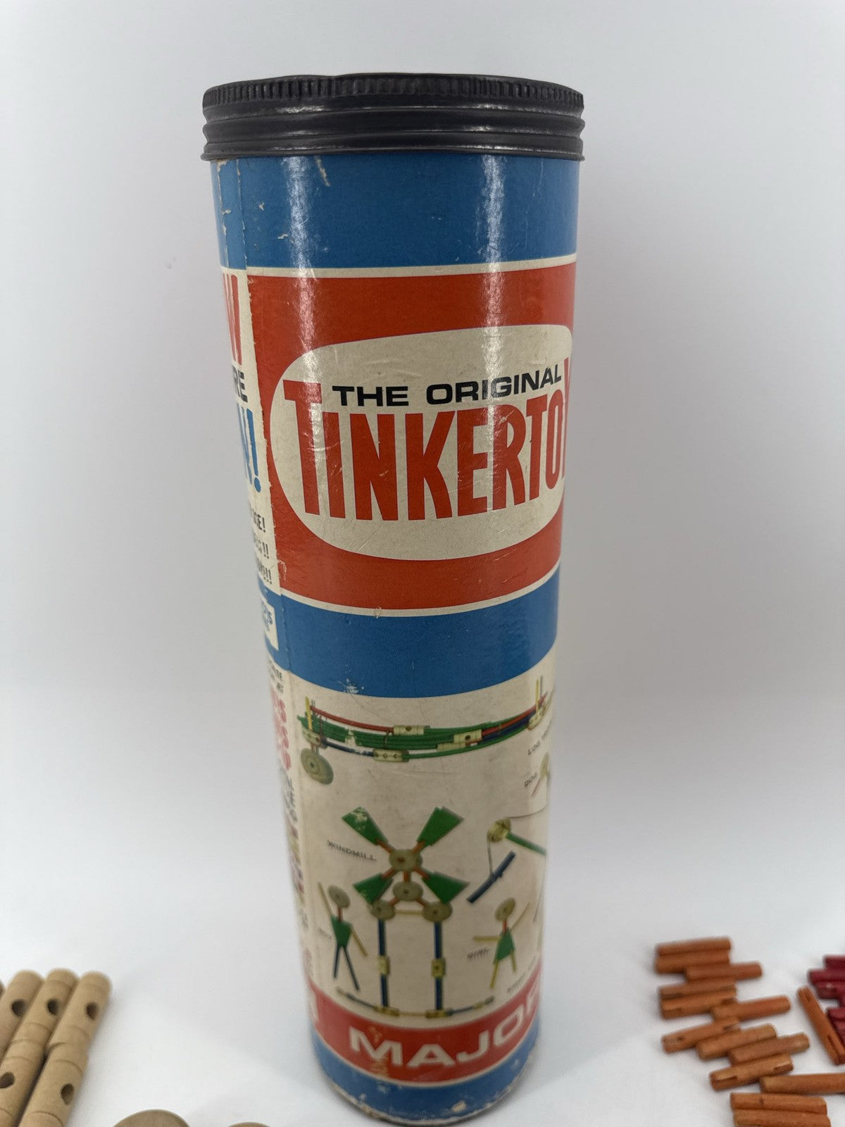 Tinkertoy Major 136 Wood Rods Spools Wheels Toy Building