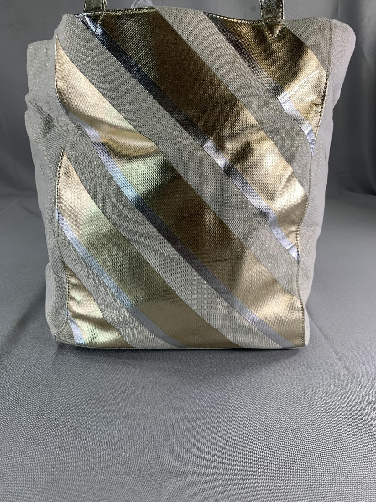 Victoria's Secret Tote Bag Gold Metallic Striped Canvas Shopper New Womens Large