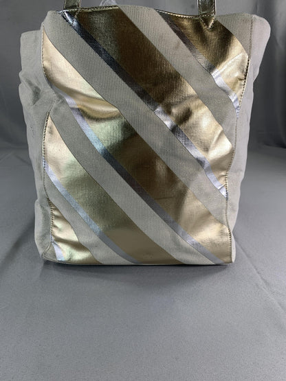 Victoria's Secret Tote Bag Gold Metallic Striped Canvas Shopper New Womens Large