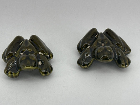 FROG Set Vintage Ceramic Green Drip Glaze Pottery Figurines Anatomically Correct