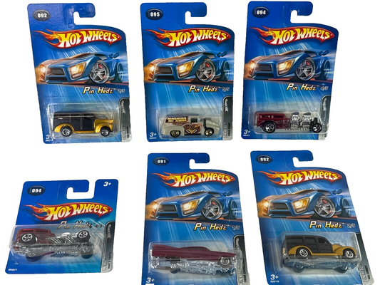 Hot Wheels Pin Hedz Series Lot 6 Cars Complete Set Blue Cards w/ ’59 Cadillac