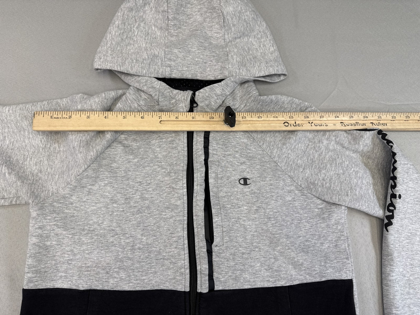Champion Zip Hoodie L (14/16) Gray/Black Cotton Blend Regular Fit All Over
