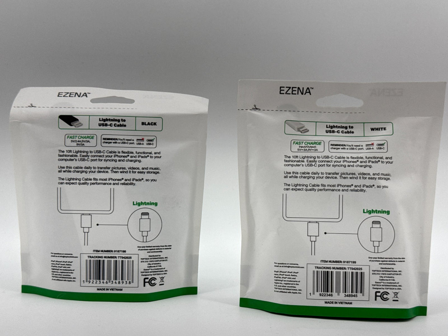 EZENA 10ft  legacy Cable to USB C  Lot of 2 Black White iPhone iPad Fast Charge