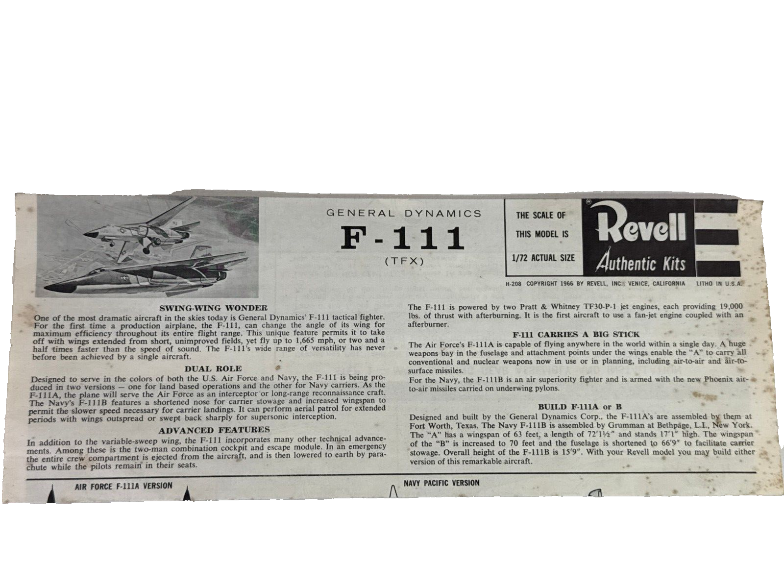 Revell F-111 TFX Tactical Fighter 1/72 Model Kit 1965 Vintage Swing-Wing USAF