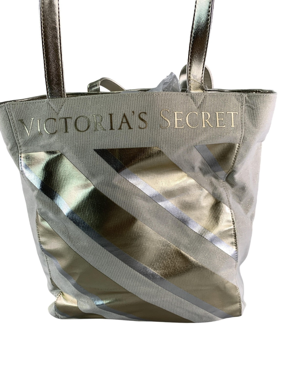 Victoria's Secret Tote Bag Gold Metallic Striped Canvas Shopper New Womens Large