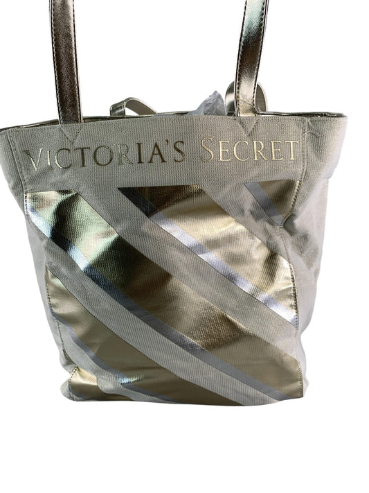 Victoria's Secret Tote Bag Gold Metallic Striped Canvas Shopper New Womens Large
