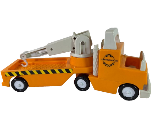 Vintage BITSY BUDDY Construction Co Tow Truck Orange Crane Hook Rolling Wheels