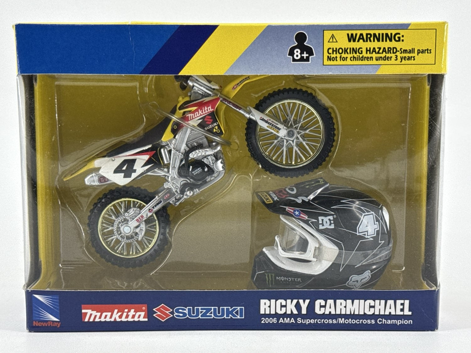 NewRay Ricky Carmichael Makita Suzuki RM-Z450 1:12 Dirt Bike & Helmet – 2006 AMA